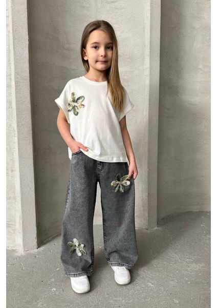 Zambak Detaylı Kot Pantolonlu Kız Çocuk 2 li takım - Antrasit