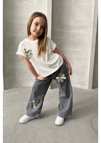 Zambak Detaylı Kot Pantolonlu Kız Çocuk 2 li takım - Antrasit fiyatları