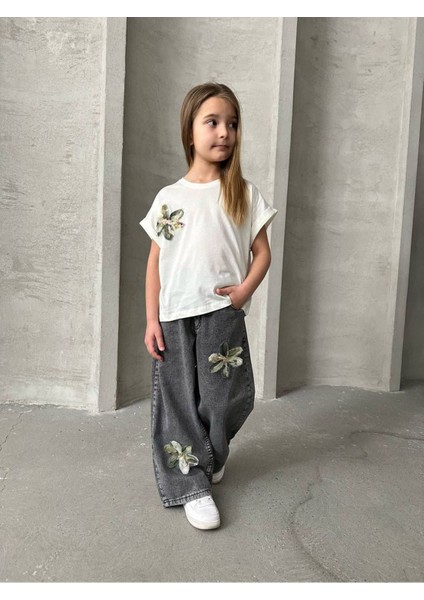Zambak Detaylı Kot Pantolonlu Kız Çocuk 2 li takım - Antrasit modelleri