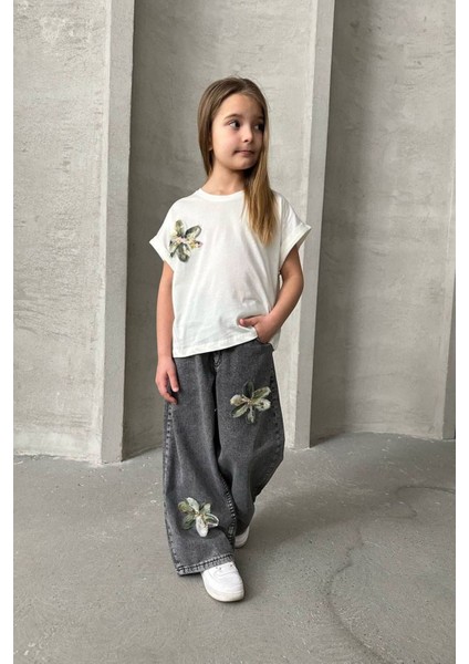 Zambak Detaylı Kot Pantolonlu Kız Çocuk 2 li takım - Antrasit fırsatları