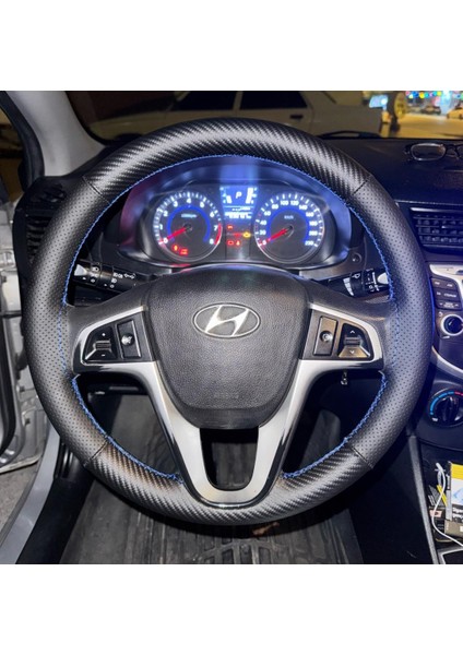 Dikişli Direksiyon Kılıfı Karbon Deri Noktalı Deri Mavi Dikişli Hyundai Accent Blue Için