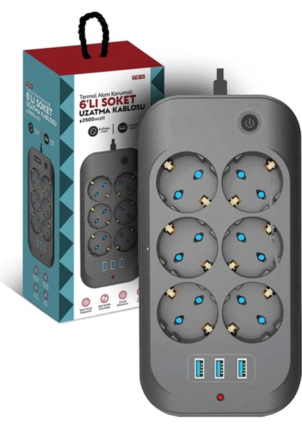 Termal Akım Korumalı Priz Çocuk Korumalı 6'lı 2 Metre Uzatma Kablosu 6xpriz 3xusb Priz