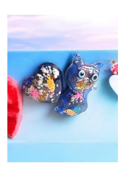 Temalı Magnet Set, Mavi Kedi ve Kalp Şeklinde, Balık ve Deniz Yıldızı Desenli, 2 Parça Buzdolabı Süsü (2, Kedi-Kalp)