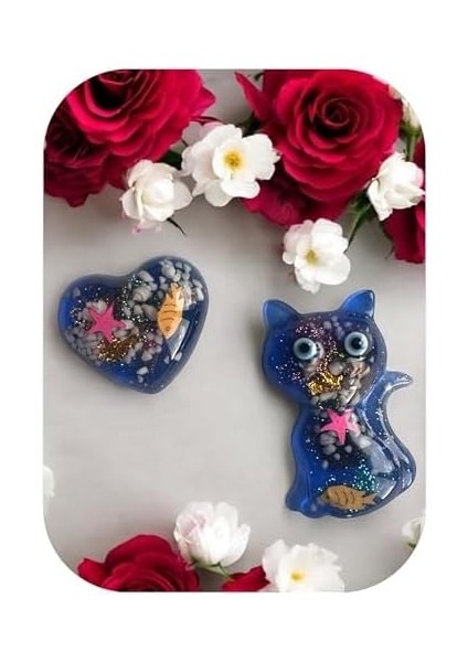 Temalı Magnet Set, Mavi Kedi ve Kalp Şeklinde, Balık ve Deniz Yıldızı Desenli, 2 Parça Buzdolabı Süsü (2, Kedi-Kalp)