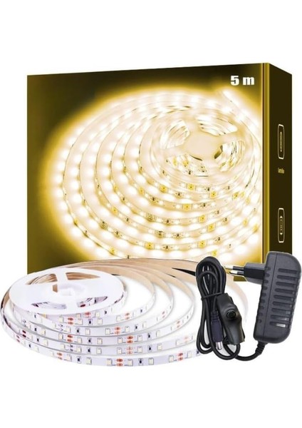 SB-6501 Şerit LED Işık Aydınlatma Seti Aç/kapa Butonlu, Adaptörlü, Mutfak Tezgah, Çalışma Masası, Dolap ve Raf Işıklandırma, Dekoratif Aydınlatma (Gün Işığı, 500 Cm)