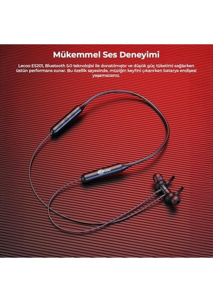 ES201 Boyun Bantlı Kablosuz Bluetooth 5.0 Mikrofonlu Kulak Içi Kulaklık - Esnek Kablo Yapısı,Spor, Koşu, Egzersiz Için, Ter ve Toza Dayanıklı, Kulak Içi Kulaklık