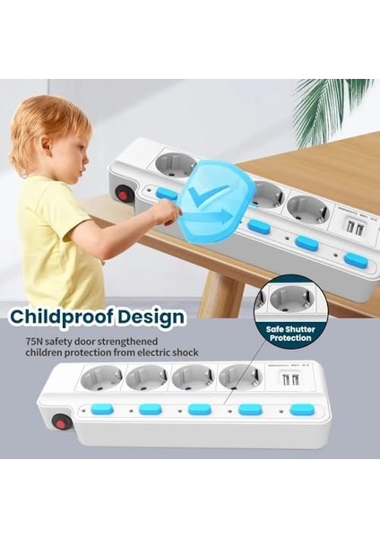 Termal Akım Korumalı 2500W 10 Amper 3 Lü Priz 1.5 Metre Uzatma Kablosu Çoklu Priz 2 USB Çocuk Korumalı