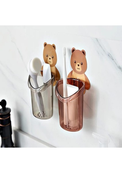 Ayıcık Diş Fırçası Fincanı Tutucu Diş Macunu Depolama Rafı Standı Kendinden Yapışkanlı 2 Adet