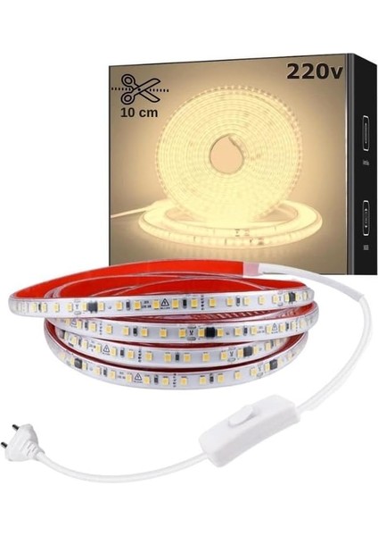 SB-6508 LED Şerit, Beyaz ve Gün Işığı Şerit LED Işık 120 Led, Silikonlu 10 cm Kesilebilir, Aç Kapat Butonlu Fişli, Tak Çalıştır Gizli Tavan Işık Bandı Mutfak Tezgah (Gün Işığı, 5 Metre)