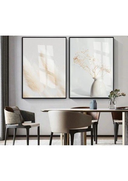 |soft| Beyaz-Krem Bohem Vazo Bitki Kombini |çerçeveli Cam Tablo 2li Dikey