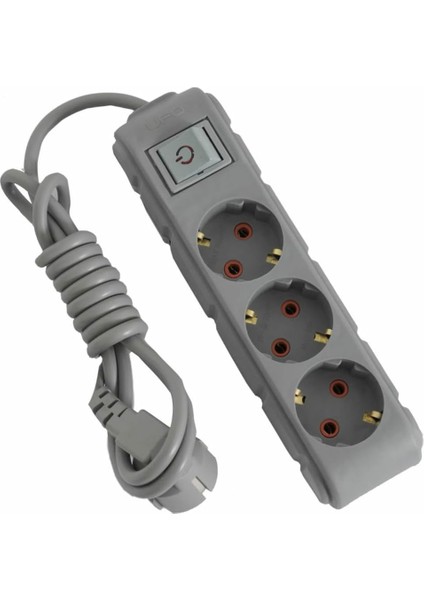 3lü Anahtarlı Grup Priz 3 Metre 16A 250V, Üçlü Topraklı Uzatma Kablosu 3 Metre (Gri)