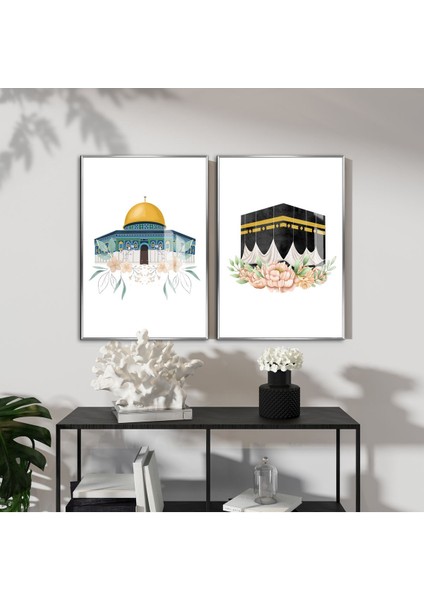 |çiçek Desenli Mescid-I Aksa-Kabe Islami Kombini |çerçeveli Cam Tablo 2li Dikey