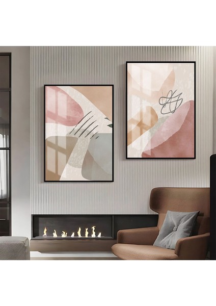 |turuncu-Gri-Krem Soyut Şekil Kombin 01 |çerçeveli Cam Tablo 2li Dikey