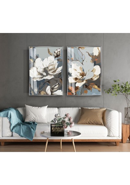 |soft Lacivert-Beyaz Çiçek Desenli Kombin 01 |temperli Çerçeveli Cam Tablo 2li Dikey