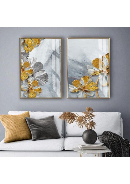 |gold-Gri Çiçek Kombini Iı |temperli Çerçeveli Cam Tablo 2li Dikey