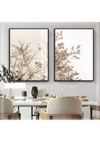 |soft Bej-Krem Renk Çiçekler Kombini 01 |çerçeveli Cam Tablo 2li Dikey
