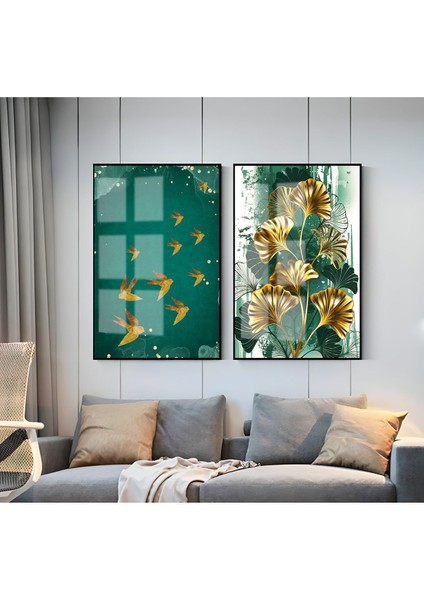 |yeşil-Gold Kuş&yaprak Kombini 01 |çerçeveli Cam Tablo 2li Dikey