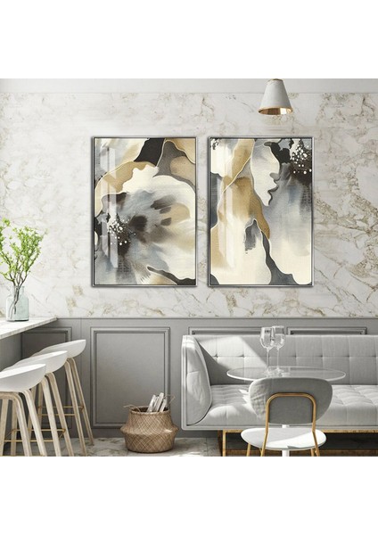 |soft Gold-Gri Soyut Çiçek Kombini 01 |temperli Çerçeveli Cam Tablo 2li Dikey