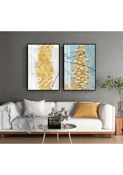 |gold-Turkuaz Soyut Desenli Kombini |temperli Çerçeveli Cam Tablo 2li Dikey