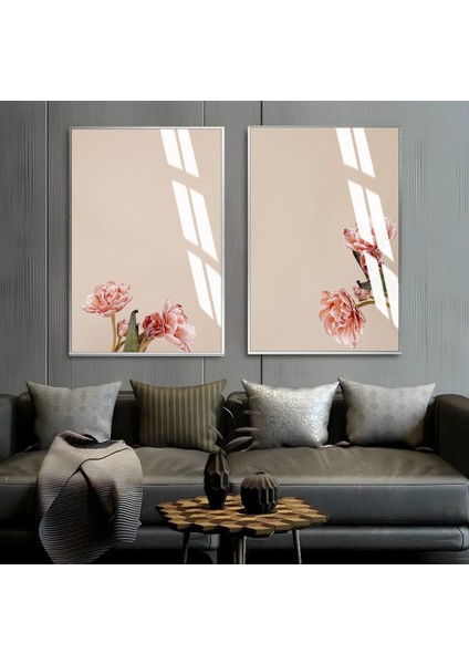 |bej-Pembe Çiçek Soyut Kombini Yeni|çerçeveli Cam Tablo 2li Dikey