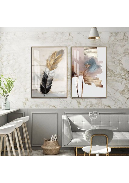|gold-Gri Renk Soyut Çiçek Tüy Konmbin |temperli Çerçeveli Cam Tablo 2li Dikey