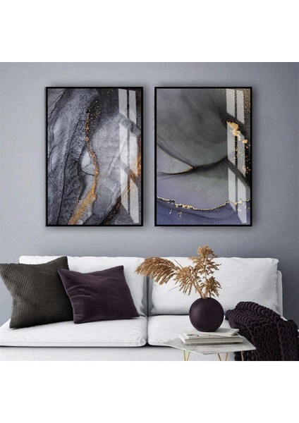 |mürdüm-Gold Soyut Kombini|temperli Çerçeveli Cam Tablo 2li Dikey