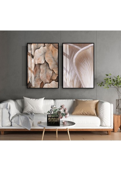 |krem-Bej Renk Yaprak Kombini |temperli Çerçeveli Cam Tablo 2li Dikey