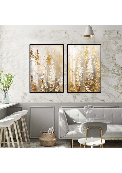|soft Gold-Beyaz Yaprak Desenli Kombin 01 |temperli Çerçeveli Cam Tablo 2li Dikey