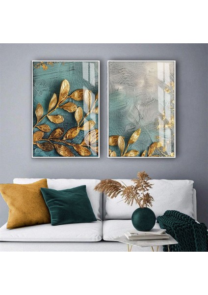 |gold-Yeşil Yapraklı Kombini |temperli Çerçeveli Cam Tablo 2li Dikey