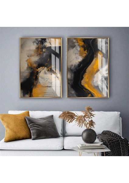 |sarı-Gri-Siyah Soyut Desenli Kombin|temperli Çerçeveli Cam Tablo 2li Dikey
