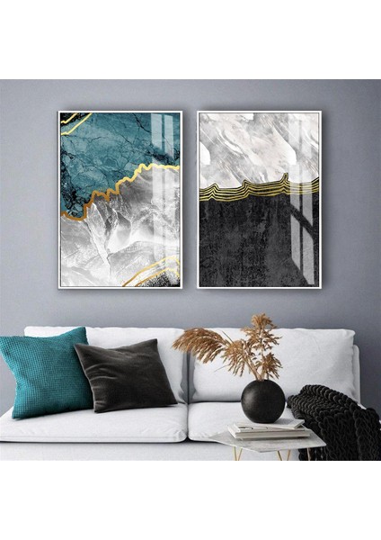 |gri-Mavi Renk Soyut Kombini |temperli Çerçeveli Cam Tablo 2li Dikey
