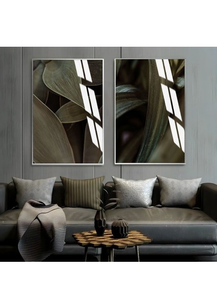 |koyu Yeşil Yapraklar|çerçeveli Cam Tablo 2li Dikey