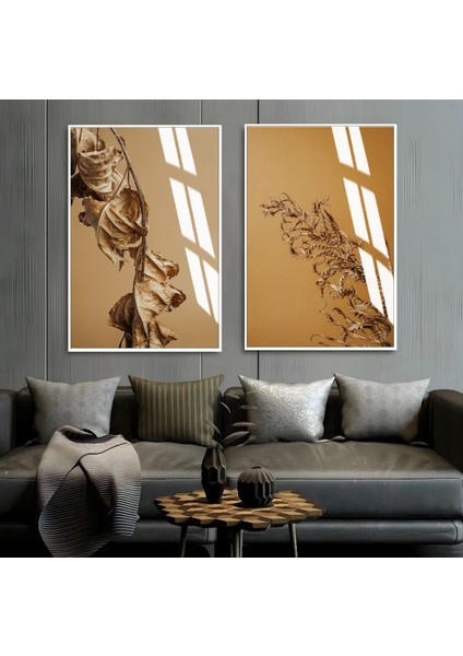 |soft Kahverengi Yapraklı Kombin 01|çerçeveli Cam Tablo 2li Dikey