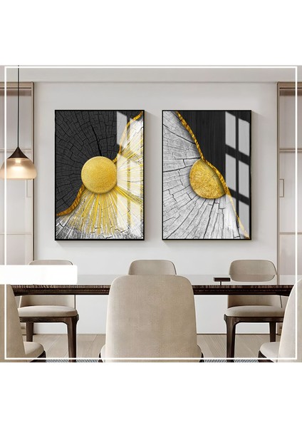 |gold-Siyah Renk Etnik Soyut Model Yeni|çerçeveli Cam Tablo 2li Dikey