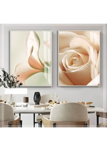 |soft Krem Gül Kombini 1|çerçeveli Cam Tablo 2li Dikey
