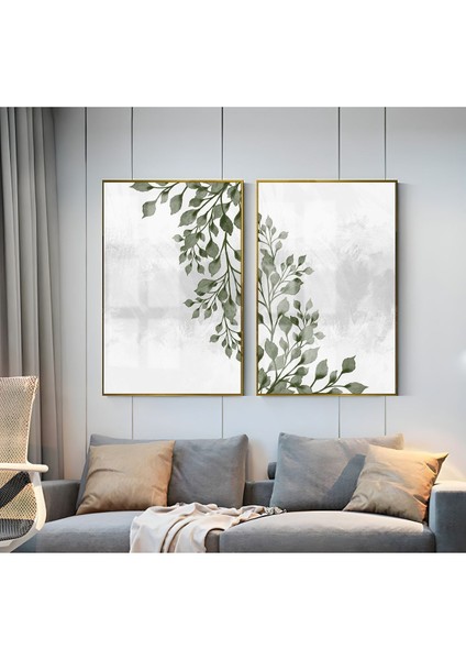 |gri-Yeşil Yaprak Dalları Kombini 1 |çerçeveli Cam Tablo 2li Dikey