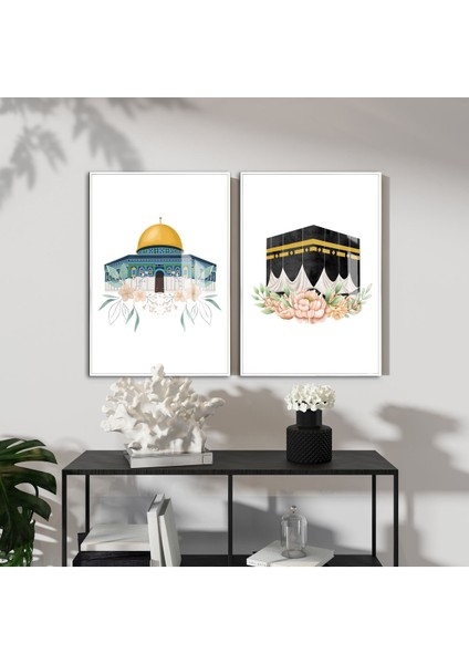 Çiçek Desenli Mescid-I Aksa-Kabe Islami Kombini |çerçeveli Cam Tablo 2li Dikey