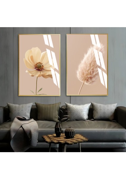 |soft Bej Renkler Bitki Kombini 01|çerçeveli Cam Tablo 2li Dikey