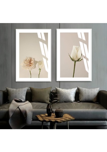 |soft Bej Renk Çiçekler Kombini 02 |çerçeveli Cam Tablo 2li Dikey
