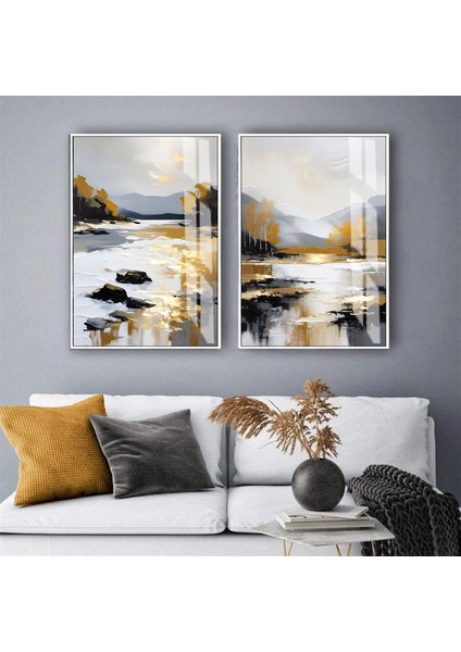 |gold-Gri Göl Manzara Kombini |temperli Çerçeveli Cam Tablo 2li Dikey