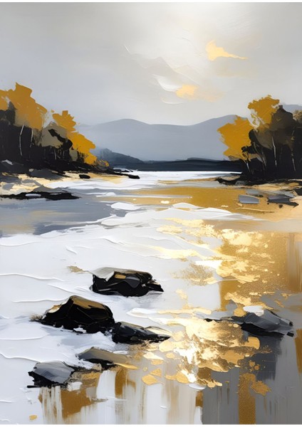 |gold-Gri Göl Manzara Kombini |temperli Çerçeveli Cam Tablo 2li Dikey modelleri