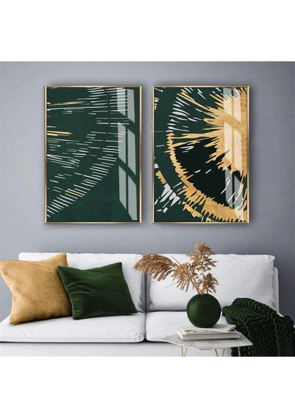 |yeşil-Sarı Soyut Konmbin |temperli Çerçeveli Cam Tablo 2li Dikey