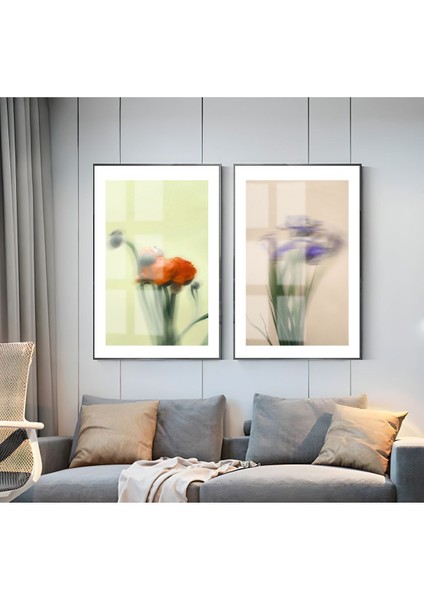 |kırmızı-Mor Blurry Çiçek Kombini 01 |çerçeveli Cam Tablo 2li Dikey