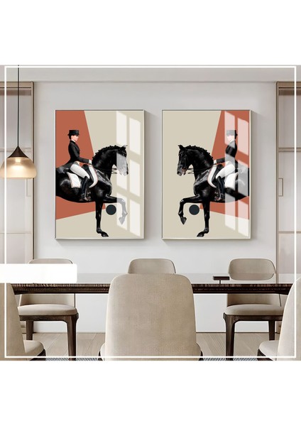 |krem Fuşya Renk Kadın Jokey ve At Kombini 2 |çerçeveli Cam Tablo 2li Dikey