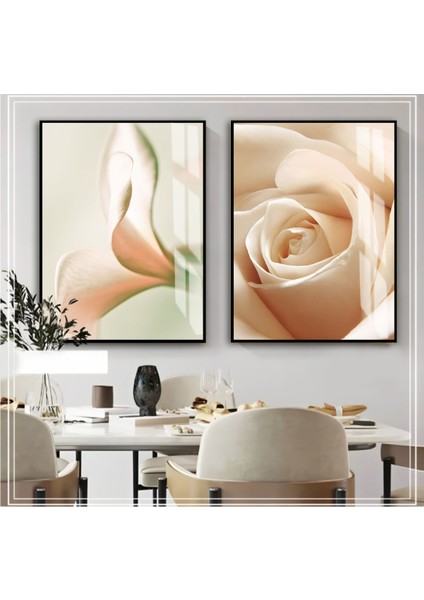 |soft Krem Gül Kombini 1|çerçeveli Cam Tablo 2li Dikey