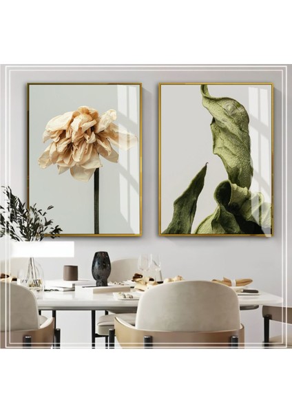 |yeşil Krem Çiçek Kombini Yeni 1 |çerçeveli Cam Tablo 2li Dikey