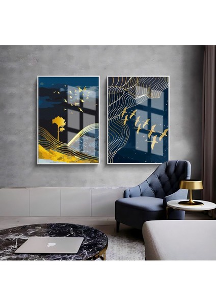 |lacivert-Gold Kuşlar ve Doğa Manzara Kombini 01 |çerçeveli Cam Tablo 2li Dikey