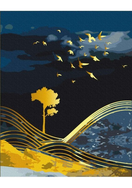 |lacivert-Gold Kuşlar ve Doğa Manzara Kombini 01 |çerçeveli Cam Tablo 2li Dikey fiyatları