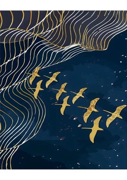 |lacivert-Gold Kuşlar ve Doğa Manzara Kombini 01 |çerçeveli Cam Tablo 2li Dikey modelleri