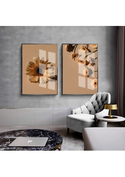 |krizantem Çiçeği Kombini 01 |çerçeveli Cam Tablo 2li Dikey